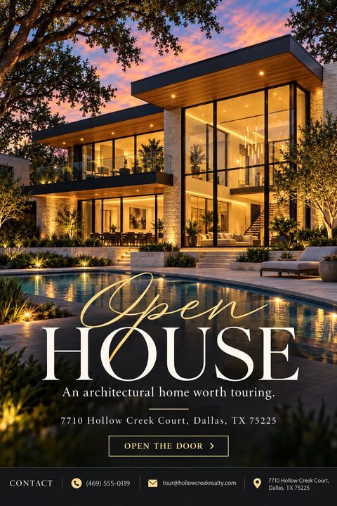 A luxury real estate open house flyer featuring a large, modern mansion at twilight with a glowing interior and a swimming pool in the foreground. The text reads 'Open House' in elegant script and serif fonts.