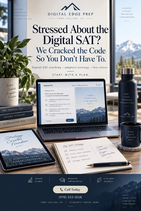 A flyer for Digital Edge Prep advertising Digital SAT coaching. The background image shows a desk with a laptop displaying a practice test, a notebook, a tablet, books, a plant, and a water bottle, with mountains visible through a window.