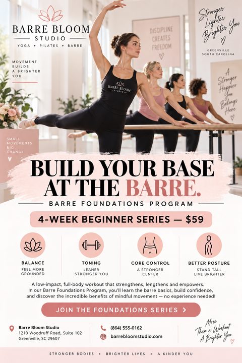 Flyer for a barre studio featuring a photo of women doing a barre workout, with text promoting a 4-week beginner series and icons for balance, toning, core control, and better posture.