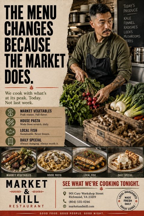 A rustic flyer for a restaurant. The top half features a large photo of a chef preparing fresh vegetables. The bottom half has a menu section with icons and a row of four food photos.