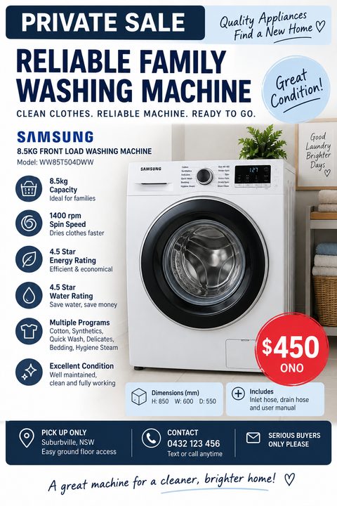 A modern flyer for selling an appliance, featuring a large photo of a white front-load washing machine, a list of features with blue icons, and a bright red price tag.