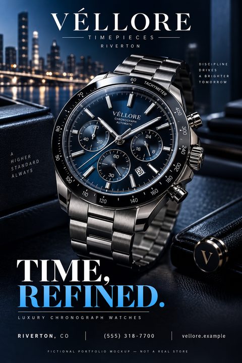 A luxury chronograph watch with a blue dial and silver band is displayed prominently against a blurred city skyline at night. The text reads 'Vellore Timepieces Riverton' and 'Time, Refined.'