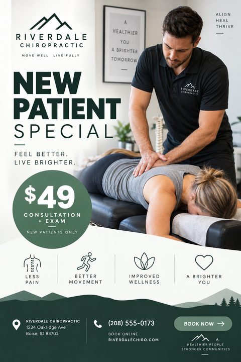 A promotional flyer for a chiropractic clinic featuring a photo of a chiropractor treating a patient. It includes a green pricing circle, service icons, and a dark green mountain silhouette at the bottom.