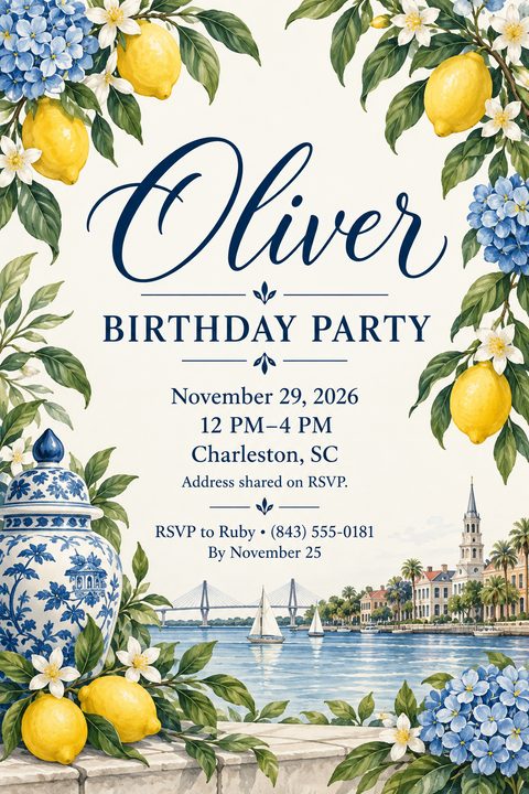 A birthday party invitation flyer with a cream background. The top corners are framed with watercolor illustrations of lemons, green leaves, white blossoms, and blue hydrangeas. The text reads 'Oliver BIRTHDAY PARTY' in elegant navy blue script and.