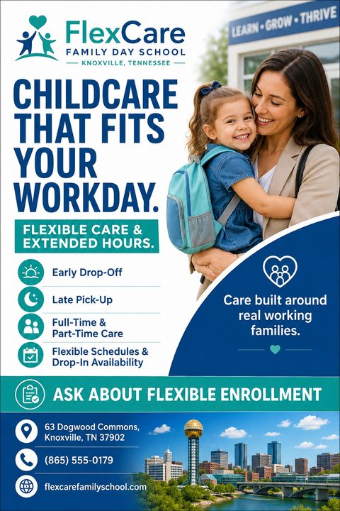 A childcare enrollment flyer with a blue and teal color scheme. It features a photo of a smiling mother holding her young daughter, service icons, and a city skyline photo at the bottom.