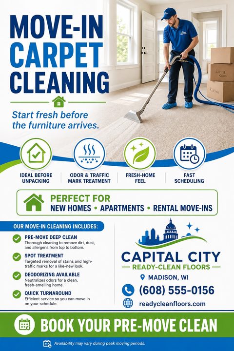 Flyer template for Move-In Carpet Cleaning. Features a photo of a man steam cleaning a carpet next to moving boxes. Includes sections for service benefits, a list of inclusions, and contact information.