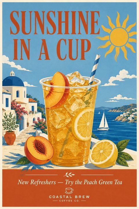 Vintage-style illustration of a large iced peach tea with lemon and a striped straw, set against a sunny Mediterranean coastal town with white buildings, blue domes, and a sailboat.