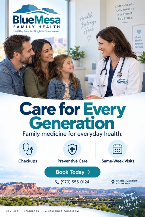 A flyer for a family health clinic. The top half shows a doctor smiling at a family. The bottom half has the text 'Care for Every Generation' and icons for checkups, preventive care, and same-week visits.