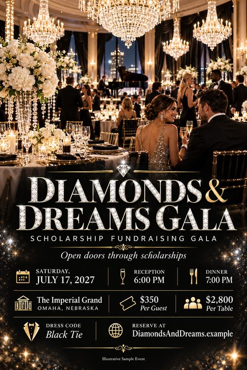 A luxurious fundraising gala flyer with a photo of a formal dinner in a grand ballroom with chandeliers. The text 'Diamonds & Dreams Gala' is written in sparkling diamond letters over a black background with gold accents.