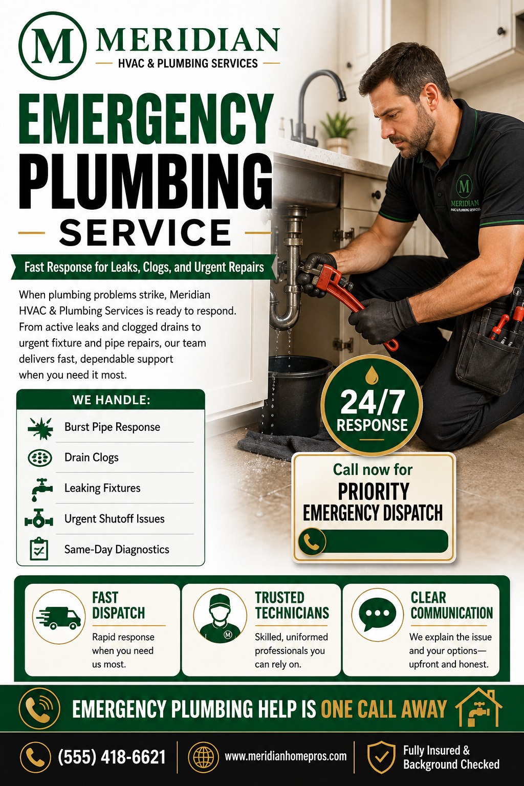 Emergency Plumbing Service flyer template with a photo of a plumber fixing a sink, a list of services like Burst Pipe Response and Drain Clogs, and a 24/7 Response badge.