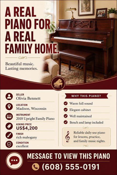 A classic flyer template for selling a piano. It features a large photo of a mahogany upright piano in a living room, with burgundy text on a cream background detailing specifications and price.