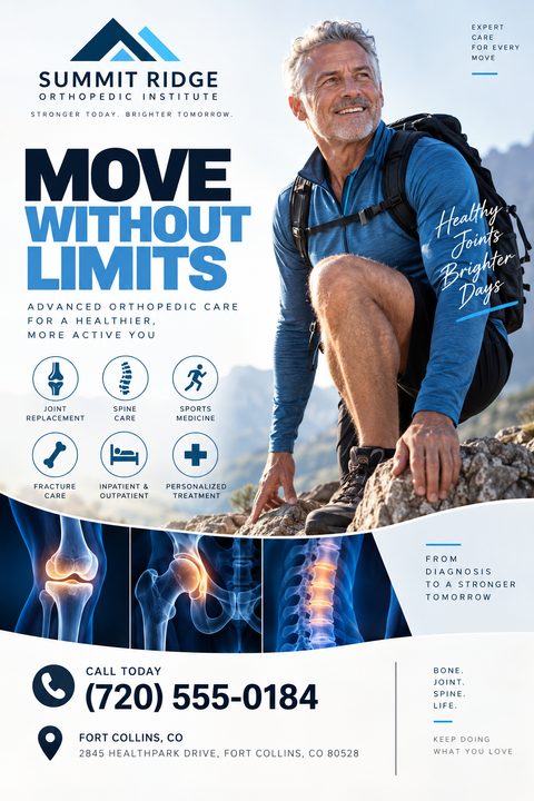 Orthopedic clinic flyer template with a photo of a smiling older man hiking, icons for medical services, and x-ray style images of a knee, hip, and spine.