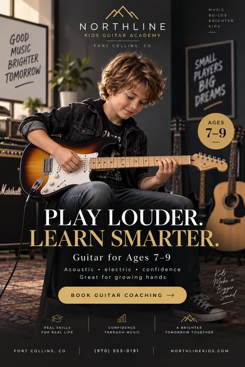Flyer for Northline Kids Guitar Academy featuring a young boy playing an electric guitar. Text reads 'Play Louder. Learn Smarter. Guitar for Ages 7-9'. Dark background with gold and white text.