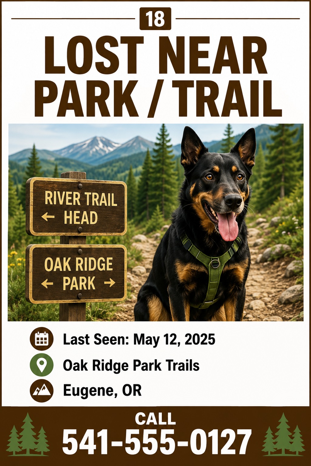 Lost dog flyer template with a large photo of a black and tan dog on a trail. Bold brown text reads 'LOST NEAR PARK / TRAIL'. Includes sections for last seen date, location, and a large phone number at the bottom.