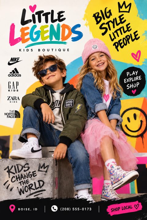 Flyer for a kids boutique featuring a boy and girl in stylish clothes sitting on a concrete block against a colorful graffiti wall. Text reads 'Little Legends Kids Boutique', 'Big Style Little People', and 'Kids Change the World'.