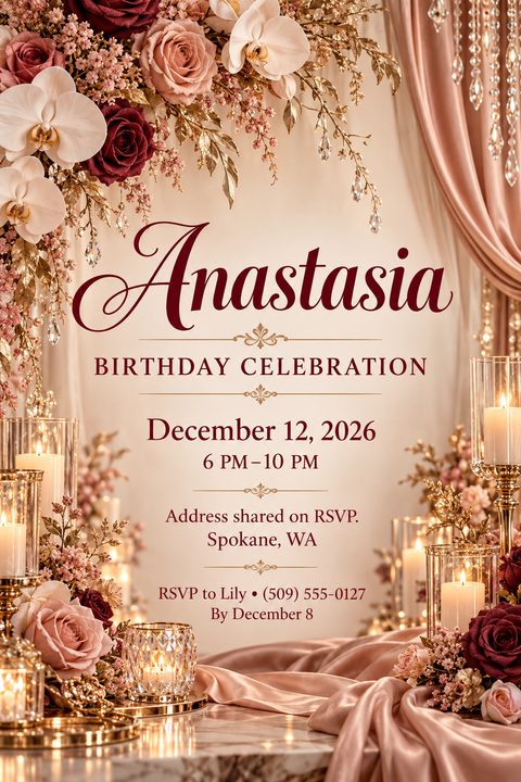 Elegant birthday celebration flyer template featuring a luxurious arrangement of pink and burgundy roses, white orchids, and gold foliage. Soft candlelight and draped fabric create a sophisticated atmosphere. The text reads 'Anastasia Birthday.