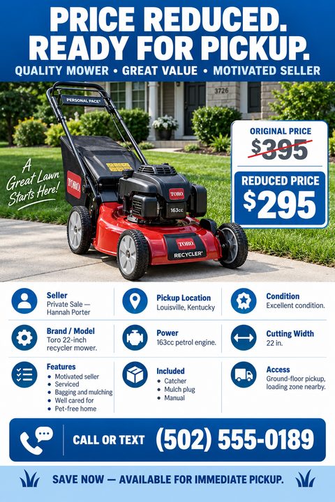 Flyer template for a private sale. Top half shows a red lawn mower on a driveway with 'Price Reduced' and pricing details. Bottom half features a grid of icons and text detailing seller, location, condition, brand, power, and features, with a phone.