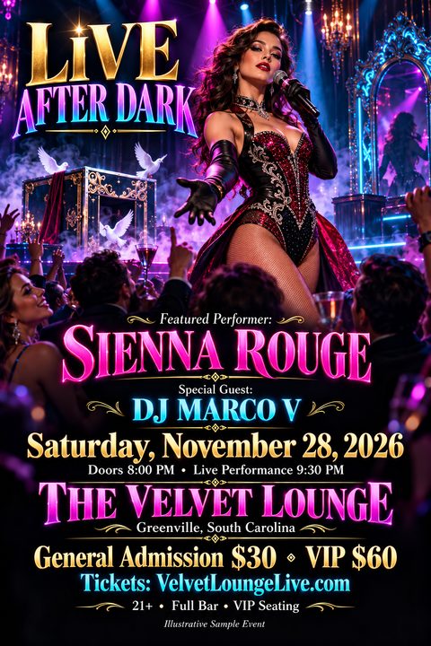 A glamorous club flyer featuring a female performer in a sparkling corset singing on stage. The background shows a lively crowd, neon lights, and theatrical props. Text is in elegant gold and neon pink.