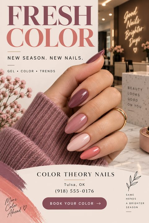 A flyer for a nail salon titled 'Fresh Color'. It features a close-up photo of a woman's hand with a gradient of pink and mauve nail polish. The background includes soft pink brushstrokes and text promoting new season nail trends.