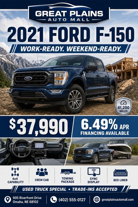A bold navy blue and white auto dealership flyer featuring a large blue pickup truck, interior and towing inset photos, feature icons, price, and financing details.
