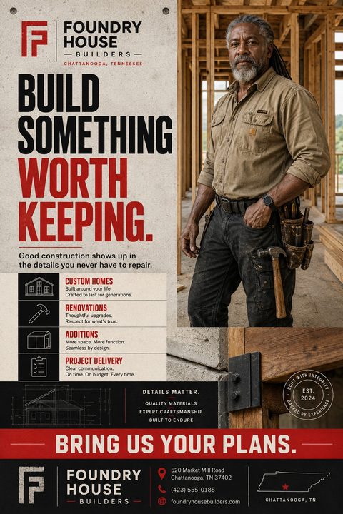 A flyer for Foundry House Builders with a concrete background, a photo of a builder on a construction site, and a list of services including custom homes, renovations, additions, and project delivery.