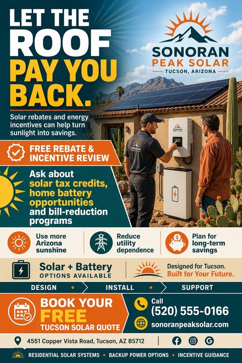 Flyer for a solar company featuring a photo of a technician showing a homeowner a solar battery system. Text reads 'Let the roof pay you back' and offers a free rebate and incentive review.