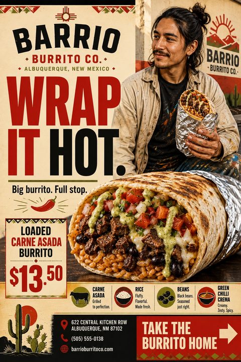 A rustic, Southwestern-style flyer featuring a large, appetizing photo of a loaded burrito and a man holding one. It includes bold red and black text, price details, ingredient icons, and contact information.