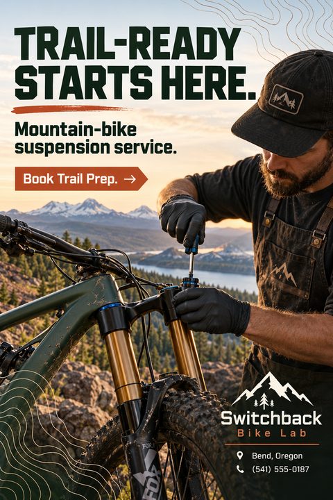 A flyer for mountain bike suspension service featuring a mechanic in an apron and black gloves adjusting a bike fork outdoors, with a scenic mountain and lake landscape in the background.