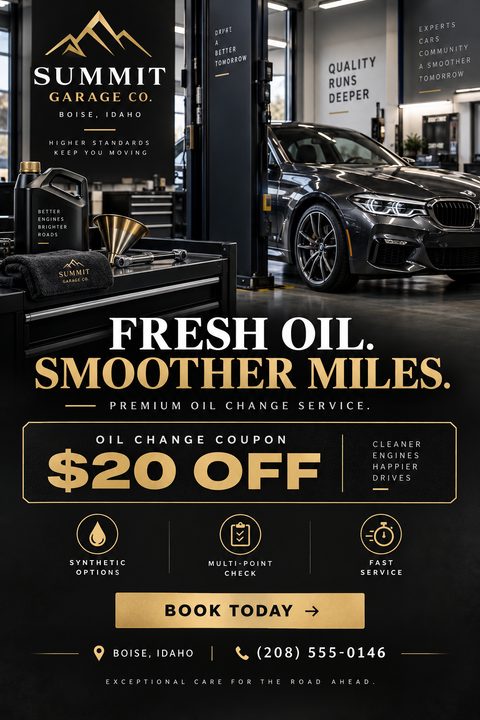 A premium flyer for an oil change service featuring a sleek black car in a modern garage, a large '$20 OFF' coupon, and gold accents on a dark background.