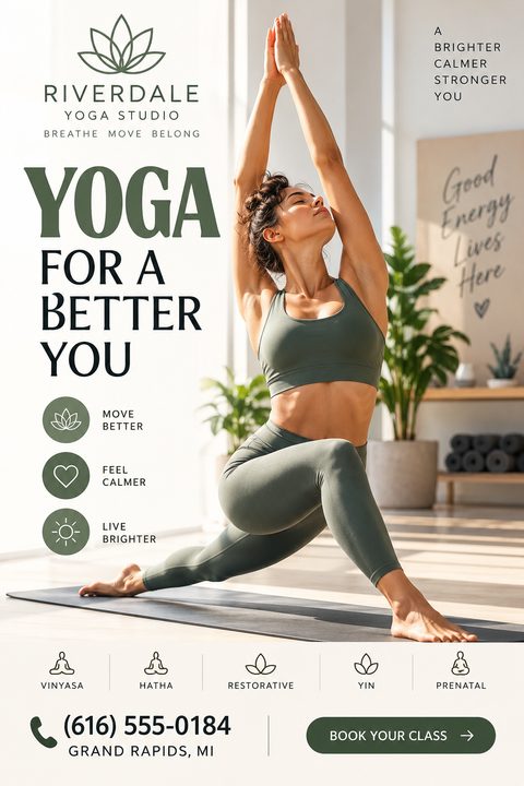 A serene yoga studio flyer featuring a woman in a lunge pose with arms raised. The design uses calming green text on a cream background, listing class types like Vinyasa and Hatha.