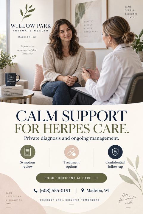 A medical clinic flyer with a photo of a doctor consulting a patient in a comfortable setting. The text reads 'Calm Support For Herpes Care' with icons for symptom review, treatment options, and confidential follow-up.