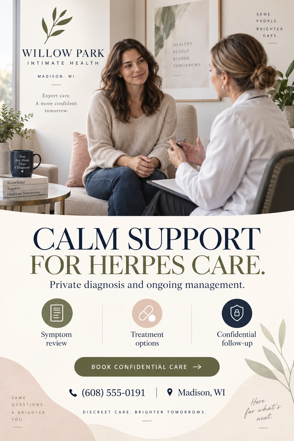 A medical clinic flyer with a photo of a doctor consulting a patient in a comfortable setting. The text reads 'Calm Support For Herpes Care' with icons for symptom review, treatment options, and confidential follow-up.