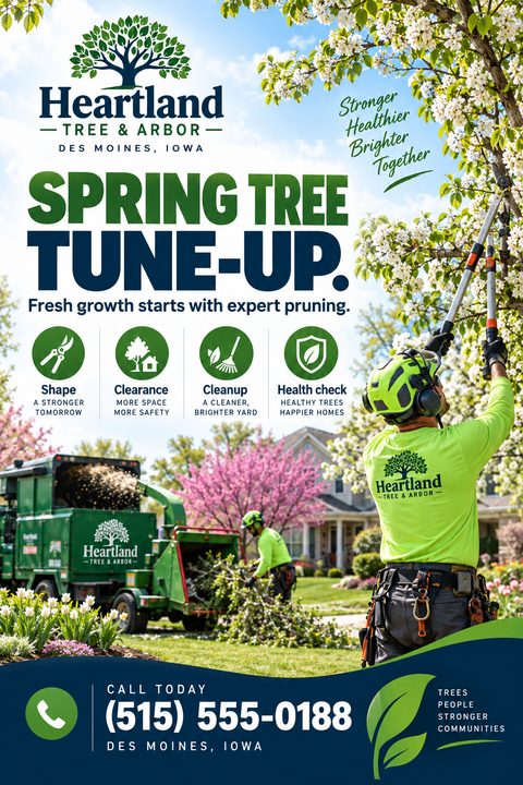 A vibrant flyer for a tree service company featuring a large photo of an arborist pruning a blossoming tree, with a wood chipper truck in the background. It includes service icons and contact details.