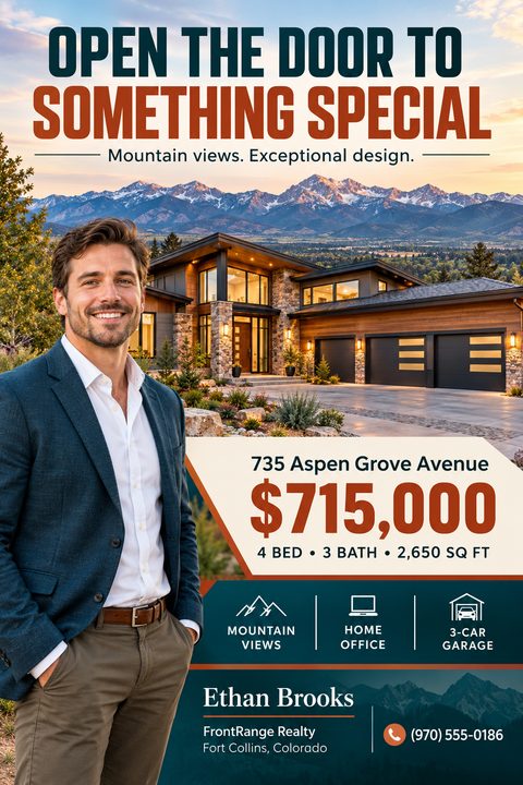 A real estate listing flyer featuring a large photo of a modern house with mountains behind it, a prominent agent portrait on the left, and bold teal and rust text blocks for property details.