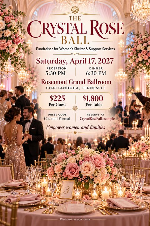 Elegant charity gala flyer featuring a luxurious ballroom with crystal chandeliers, formal guests, and a large centerpiece of pink roses on a dining table with gold accents and burgundy text.