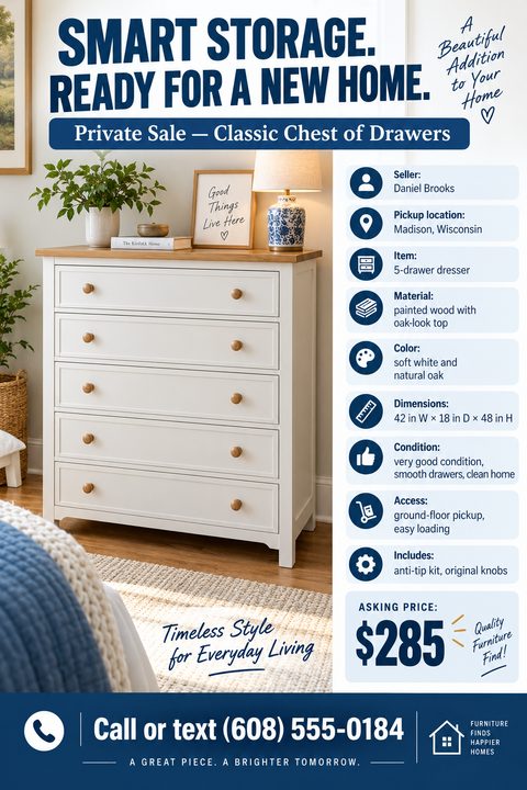 A flyer for a private sale of a classic chest of drawers. It features a large photo of a white 5-drawer dresser with a wood top, styled in a bedroom. To the right is a detailed list of item specifications including seller, location, material, color.