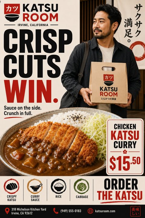 A flyer for a Japanese restaurant called Katsu Room. It features a man holding a branded paper bag and a large photo of chicken katsu curry. The text reads 'Crisp Cuts Win' and includes a price of $15.50.