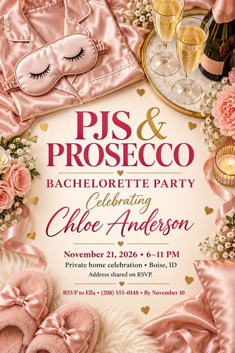 A bachelorette party invitation flyer with a flat lay border of pink silk pajamas, an eye mask, fluffy slippers, champagne flutes, a bottle of prosecco, and pink roses on a cream background. The text reads 'PJs & Prosecco Bachelorette Party'.