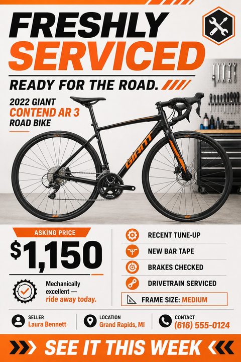Flyer for a bike for sale. Large text reads 'Freshly Serviced Ready for the Road'. A photo of a black and orange road bike is in the center. Below is the asking price, a list of recent maintenance, and seller contact info.