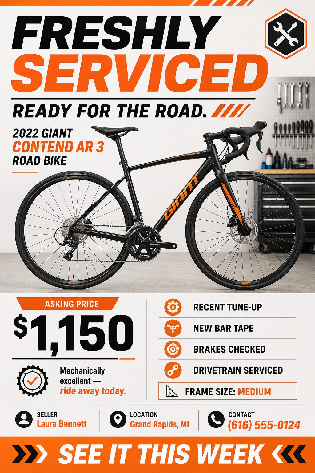 Flyer for a bike for sale. Large text reads 'Freshly Serviced Ready for the Road'. A photo of a black and orange road bike is in the center. Below is the asking price, a list of recent maintenance, and seller contact info.