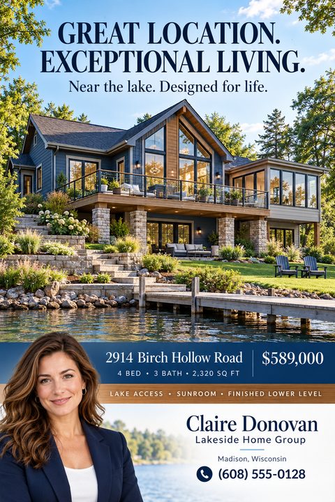 Real estate flyer for a lakefront property. Features a large photo of a beautiful house with a deck overlooking a lake, an agent headshot, property details, and contact information.