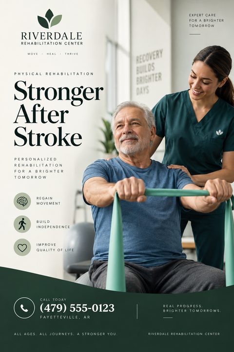 Flyer for Riverdale Rehabilitation Center titled 'Stronger After Stroke'. Shows a female therapist assisting an older man using a resistance band. Includes icons for regaining movement, building independence, and improving quality of life.