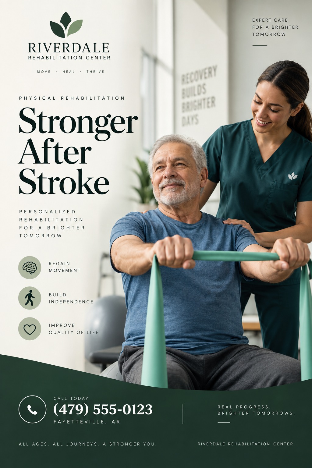 Flyer for Riverdale Rehabilitation Center titled 'Stronger After Stroke'. Shows a female therapist assisting an older man using a resistance band. Includes icons for regaining movement, building independence, and improving quality of life.