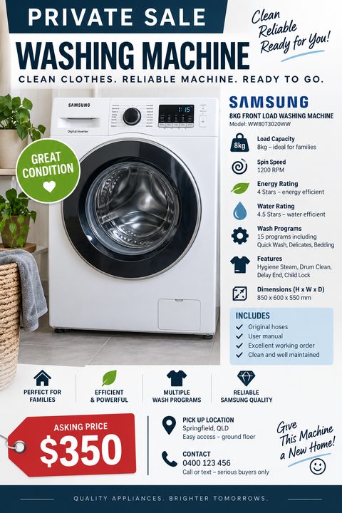 Flyer for a private sale of a washing machine. Features a large photo of a front-load washer, a list of specifications with icons, a red price tag for $350, and contact details.