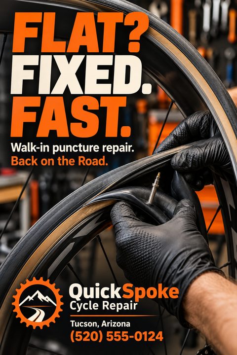 A flyer for a bicycle repair shop. Large text reads 'FLAT? FIXED. FAST. Walk-in puncture repair. Back on the Road.' The background image shows gloved hands replacing an inner tube on a bicycle wheel.