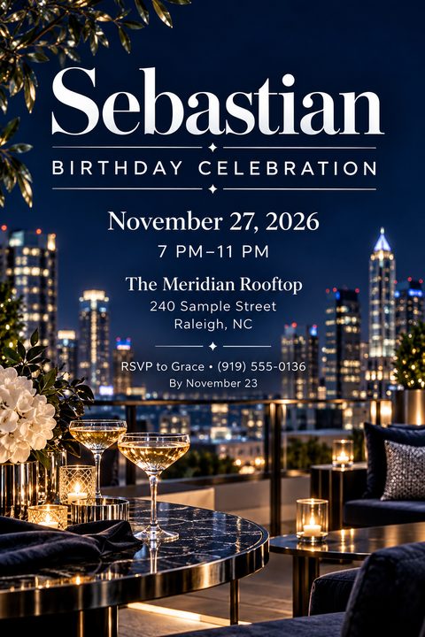 Elegant birthday party invitation flyer featuring a nighttime rooftop setting with a glowing city skyline in the background. A table with cocktails and candles sits in the foreground beneath sophisticated white typography.