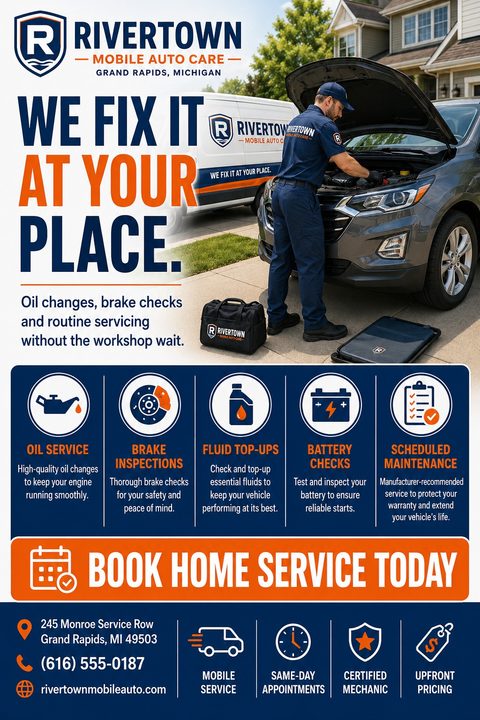 Flyer for Rivertown Mobile Auto Care. Headline reads 'We fix it at your place.' Photo shows a mechanic working on a car engine in a driveway. Below are icons and descriptions for oil service, brake inspections, fluid top-ups, battery checks, and.