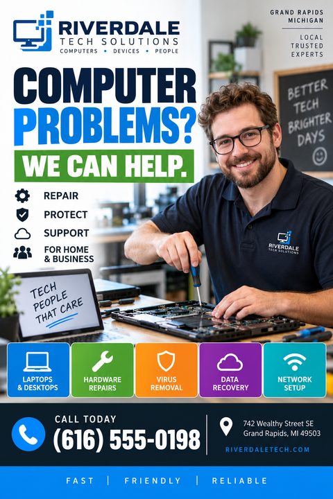 Computer repair flyer template with a photo of a smiling technician fixing a laptop. Text reads 'Computer Problems? We Can Help.' with icons for laptops, hardware, virus removal, data recovery, and network setup.