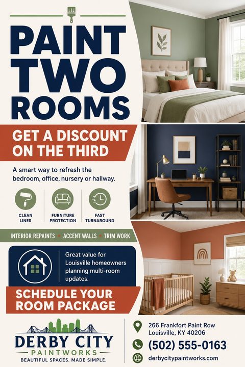 A flyer for a painting company offering a multi-room discount. The left side features bold navy and rust text with service icons, while the right displays three photos of beautifully painted interior rooms.