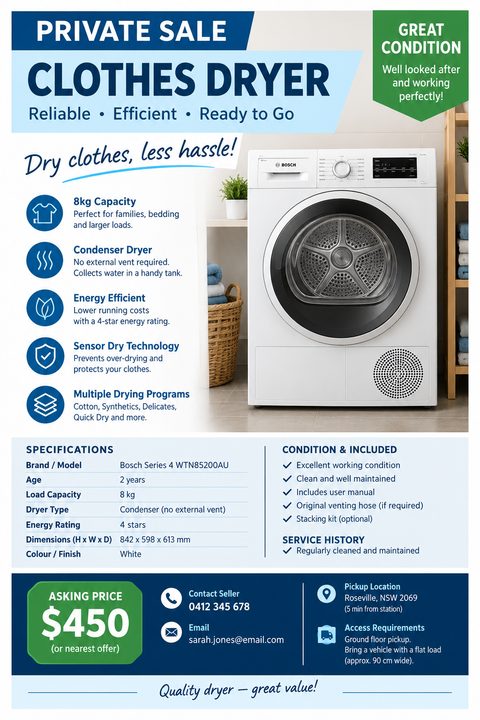 A flyer advertising a private sale for a clothes dryer. It features a large photo of a white Bosch dryer, bullet points highlighting its features, a specifications table, and a prominent asking price of $450.